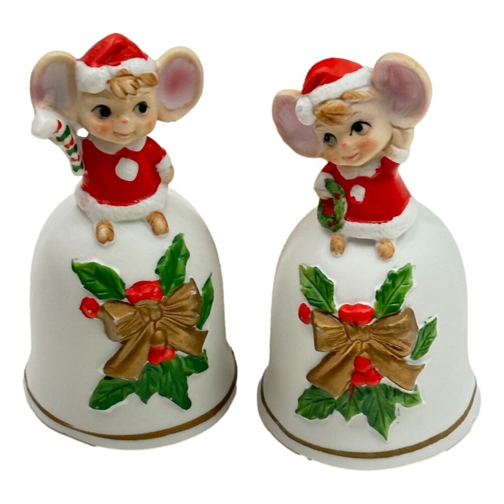 Christmas Mouse  Bells 50s‎ Lot 2 Ceramic 4 inch MCM Vintage Decoration